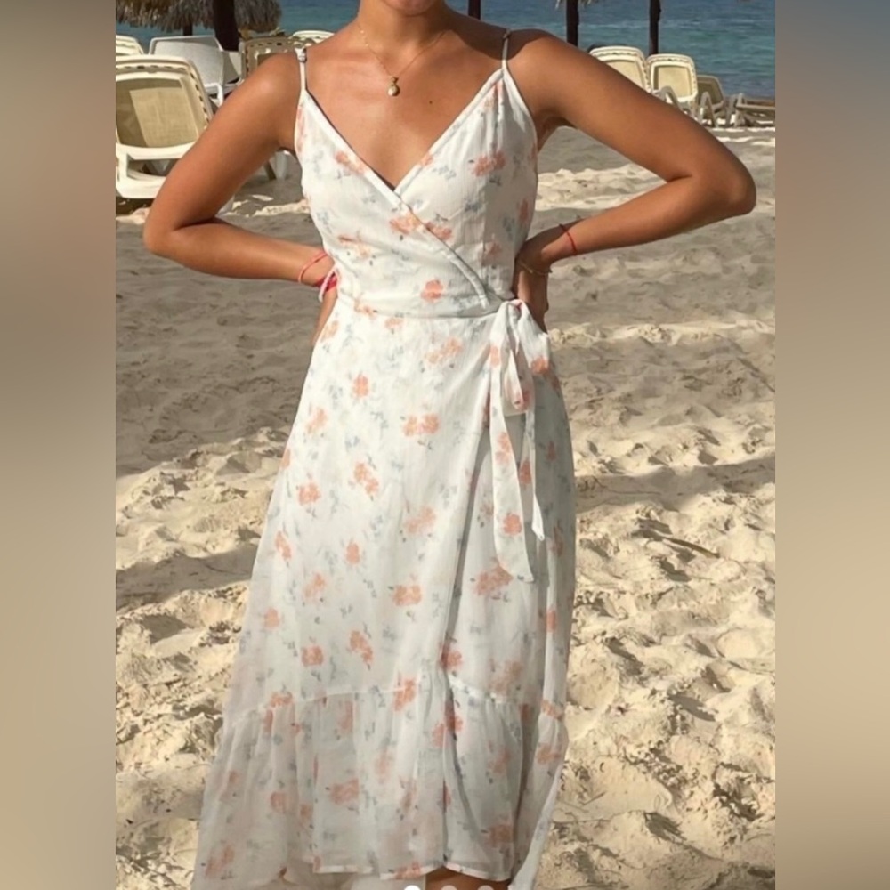 Abercrombie & Fitch Floral Wrap Midi Dress - White and Pink